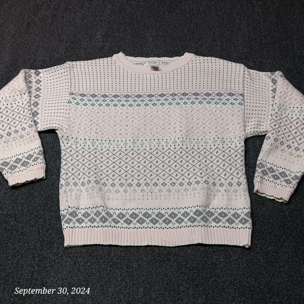 Vintage Tangiers Sweater Women Large Pink Fair Isle Cotton & Wool Blend Pullover